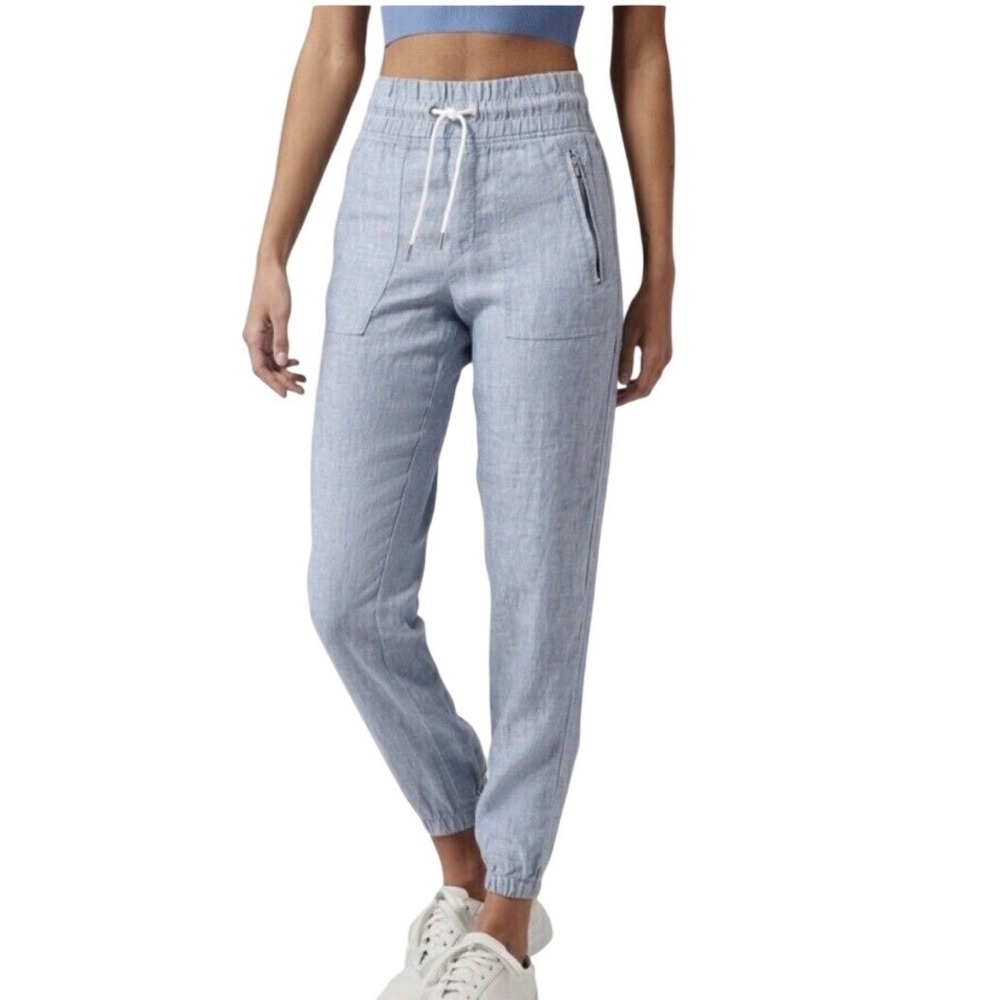 Athleta Cabo 100% Linen Jogger Pants Chambray Blue Coastal Resort Lightweight  4
